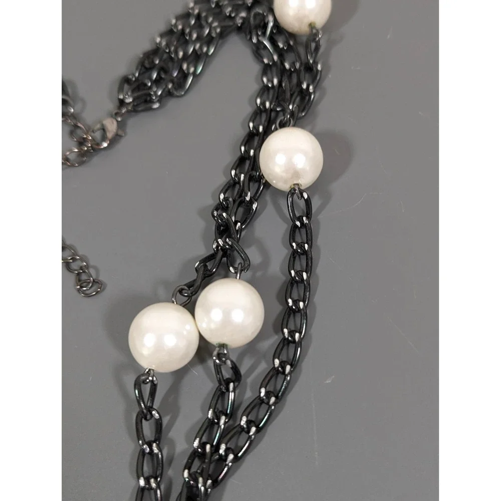 Gunmetal‎ Gray Multi Chain Faux Pearl Station Necklace Layered Long 31in
